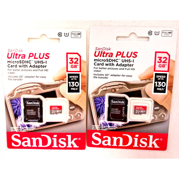 2 New! SanDisk Ultra Plus Speed 130, microSDHC UHS-1 Card w Adapter - Picture 1 of 10